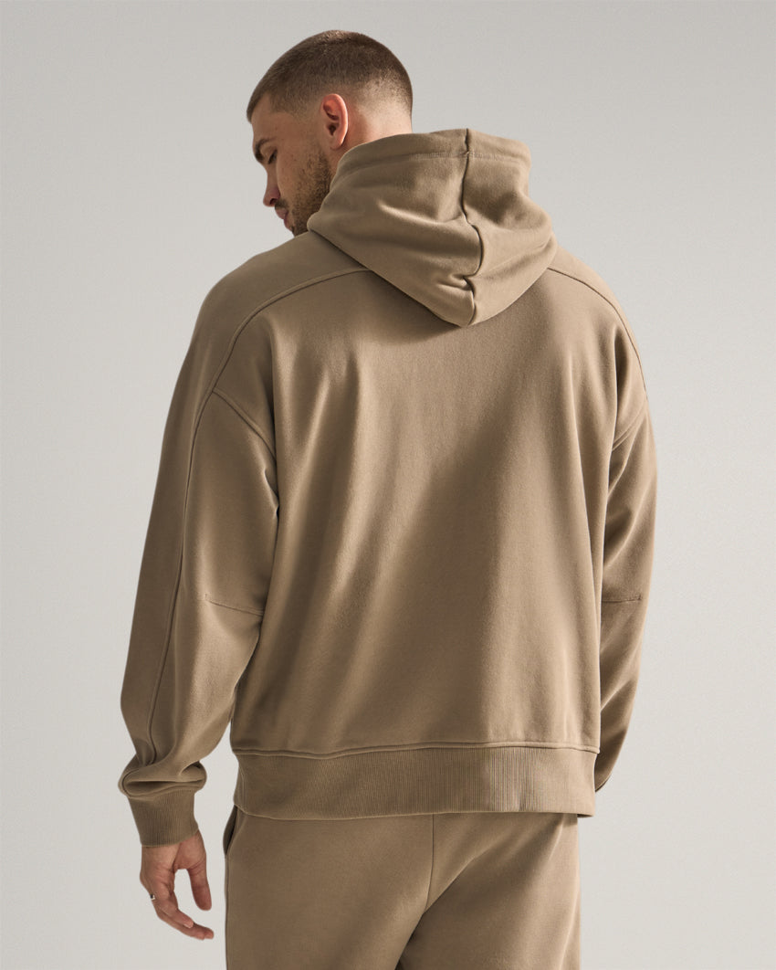 Taupe | Back view of the Heavyweight Fleece Hoodie showing the hood